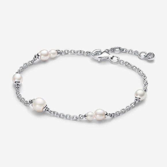 Treated Freshwater Cultured Pearl Station Chain Bracelet Sterling Silver Pandora - Picture 1 of 6